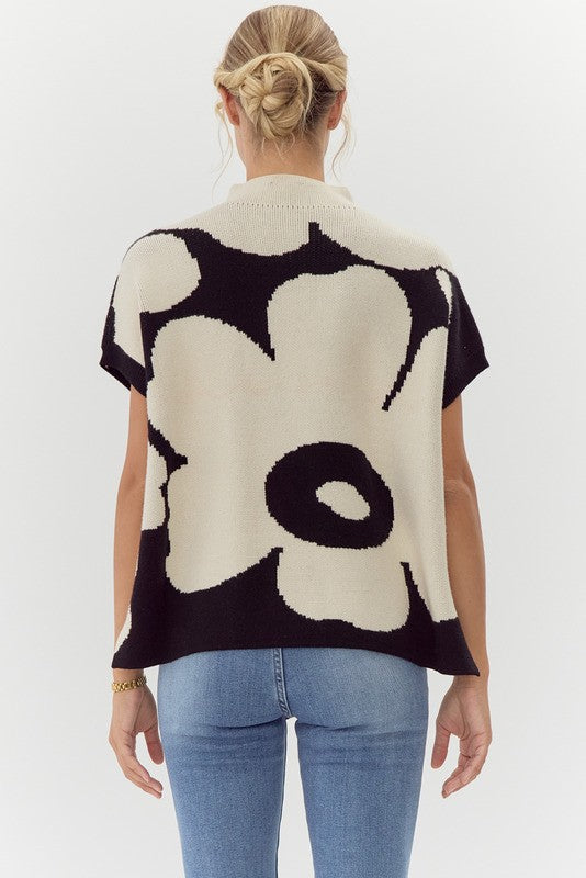 Tan and Black Floral Short Sleeve Sweater