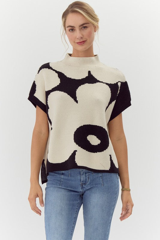 Tan and Black Floral Short Sleeve Sweater