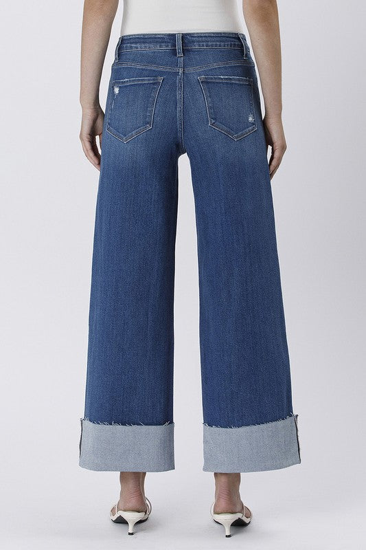HIGH RISE CUFFED ANKLE WIDE LEG JEANS