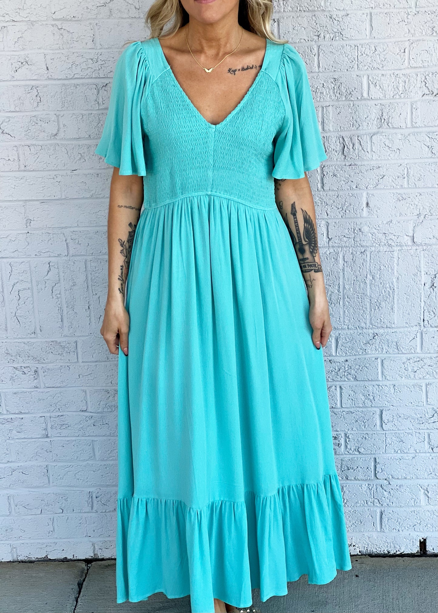 Smocked Bodice Midi Dress in Aqua