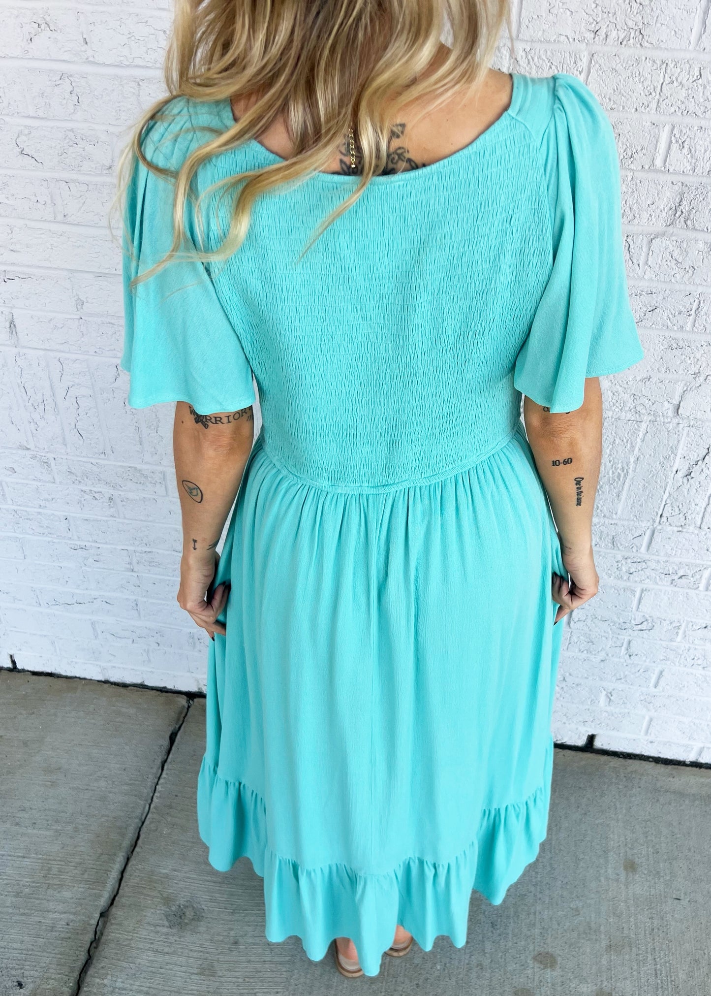 Smocked Bodice Midi Dress in Aqua