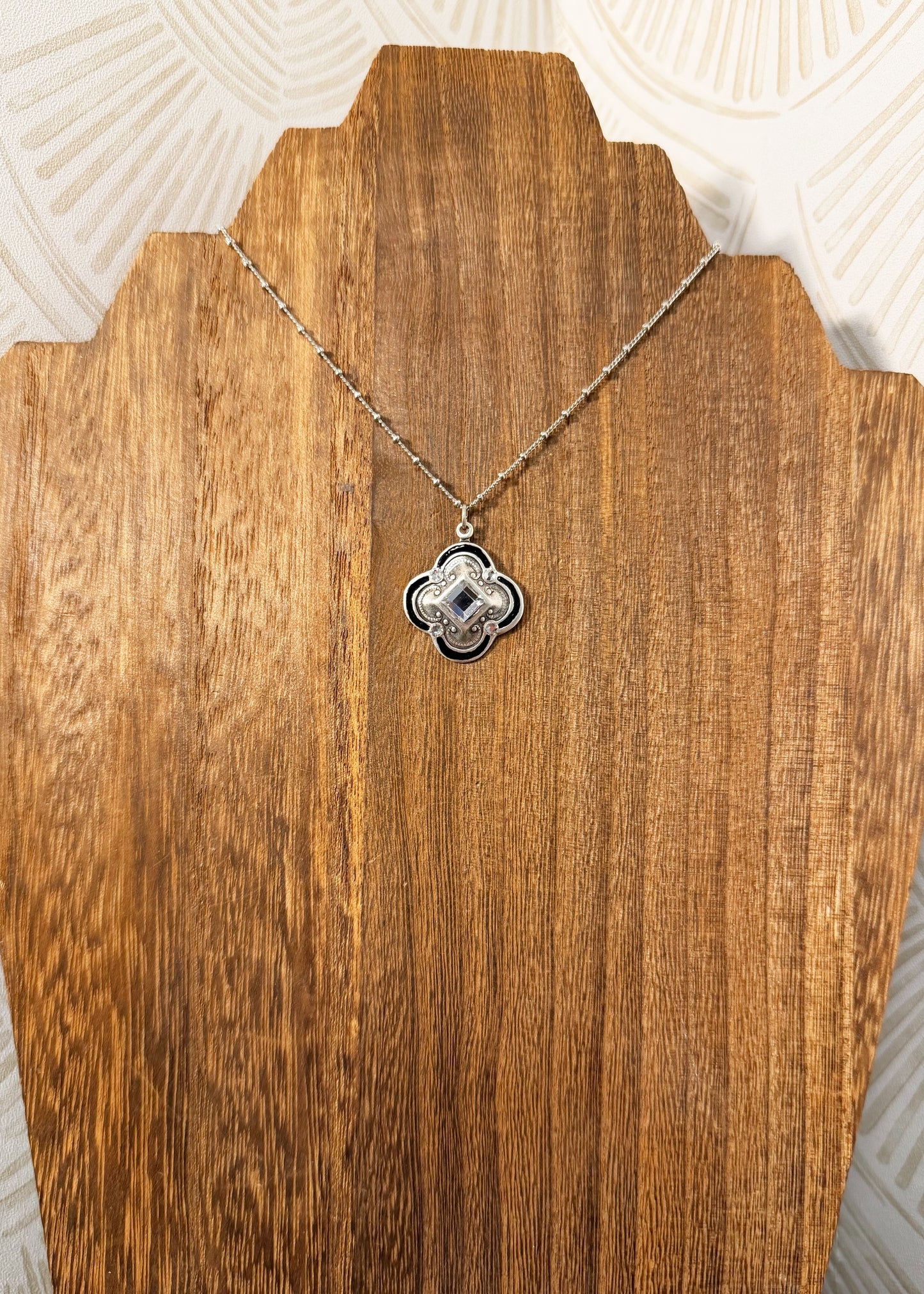 Victorian Black Framed Silver Quatrefoil Crystal Necklace