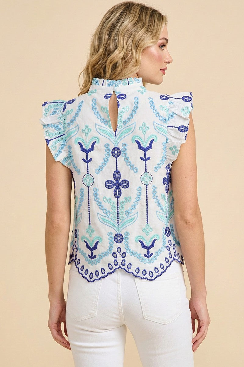 Blue Embroidered Scallop Hem Top