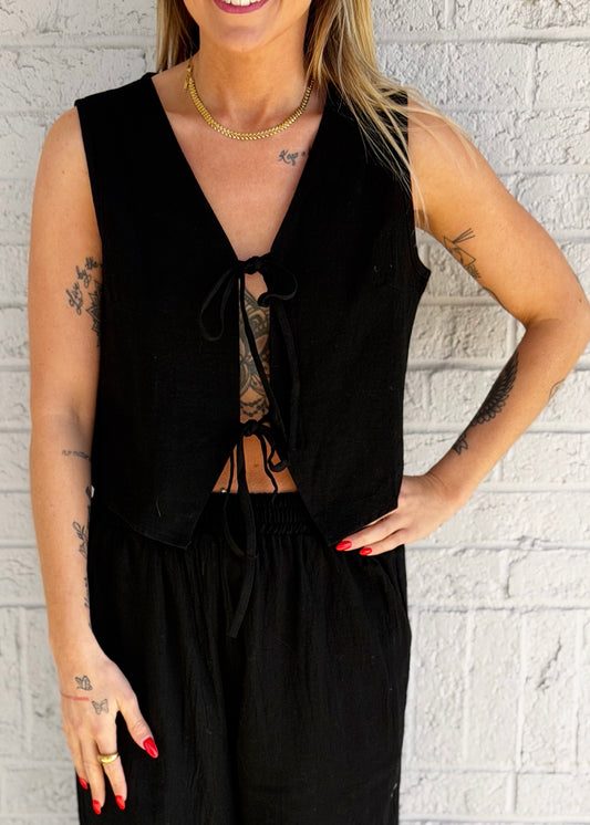 Black Linen Tie Top