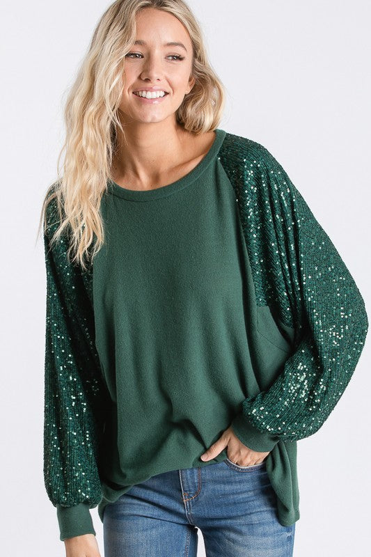 Green Sequin Sleeve Detail Top