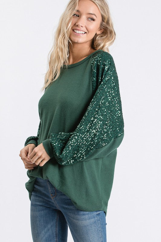 Green Sequin Sleeve Detail Top