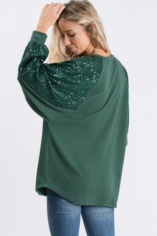 Green Sequin Sleeve Detail Top