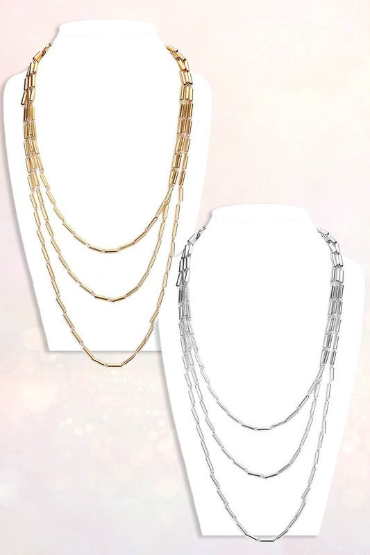 Metal Cylinder Triple Layered Bib Necklace