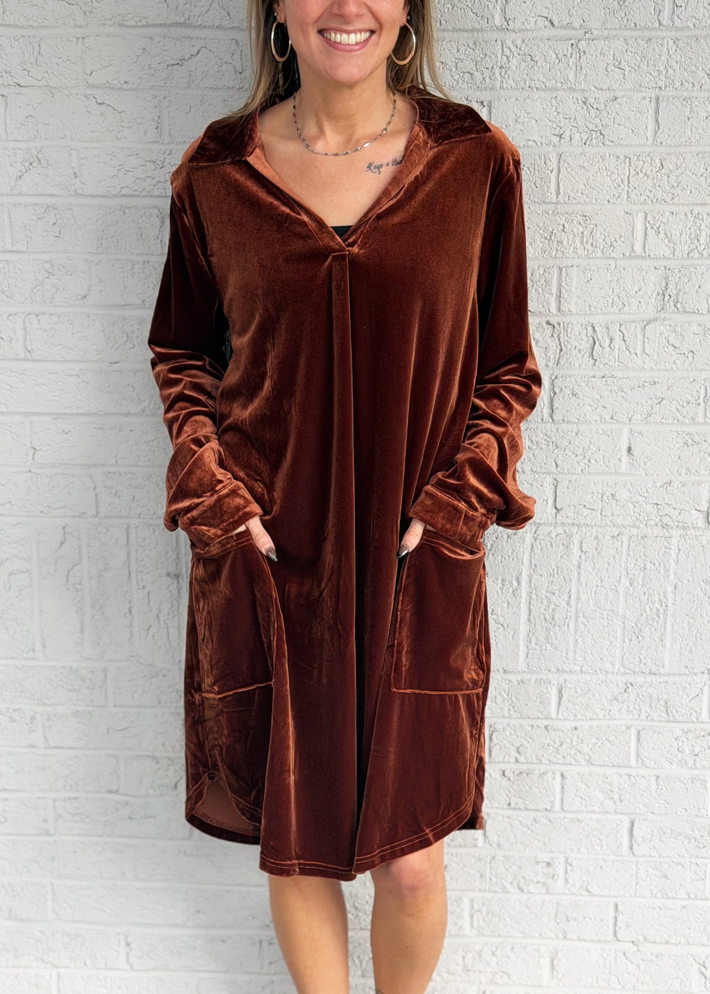 Velvet Coffee V Neck Dress