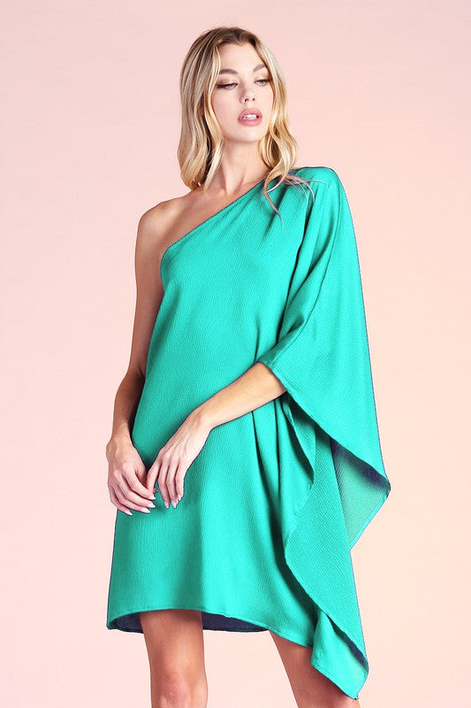 Hammered Satin One Sleeve Draped Mini Dress