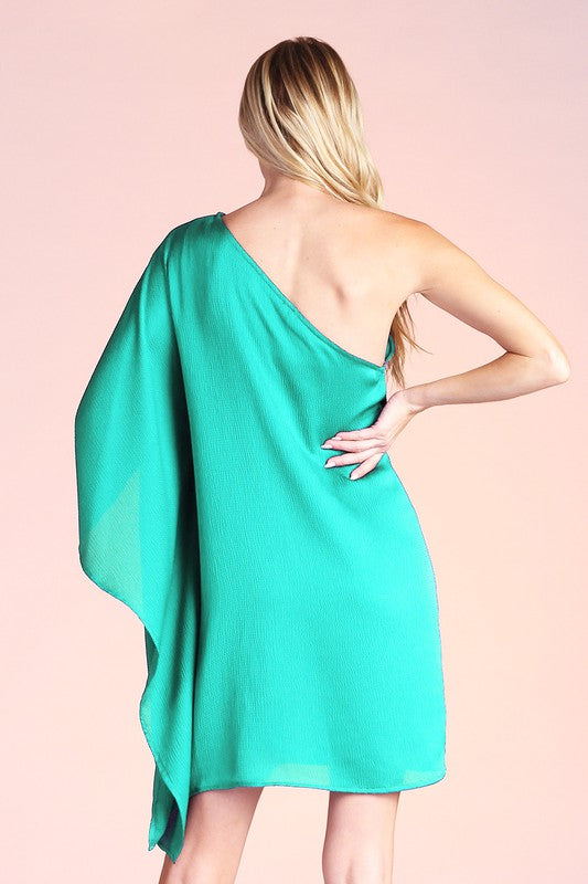 Hammered Satin One Sleeve Draped Mini Dress