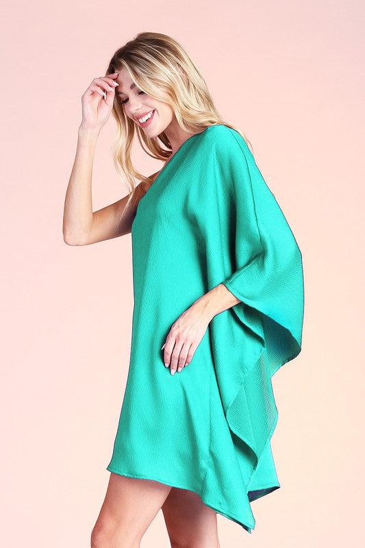 Hammered Satin One Sleeve Draped Mini Dress