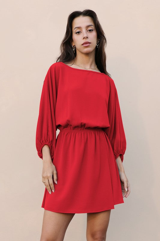 Textured Solid Boat Neck Dolman Dress