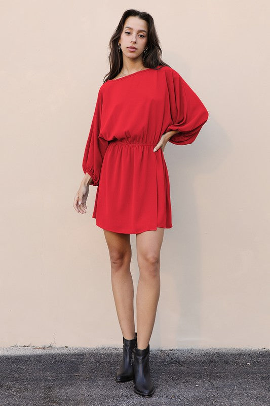 Textured Solid Boat Neck Dolman Dress