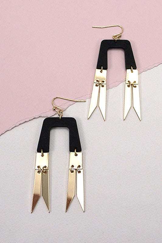 Geo Wood Gold Metal Drop Earrings