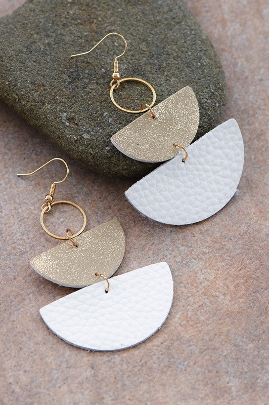 White & Gold Leather Drop Earrings