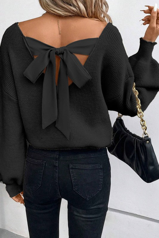 Bow Lantern Sleeve Sweater in Black