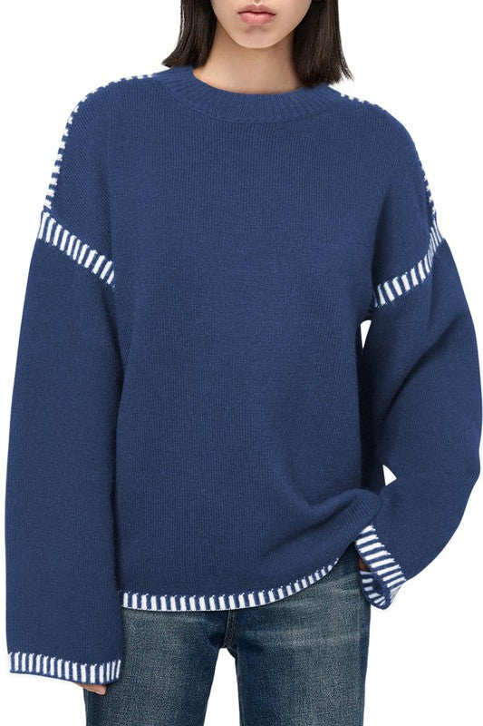 Navy Knitted Sweater With Spliced Sweater Threads