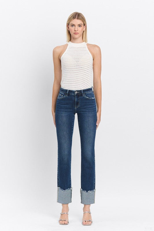 MID RISE CUFFED SLIM STRAIGHT JEANS