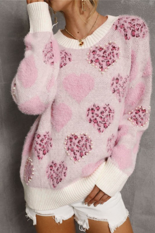 Pink Heart Fuzzy Sweater