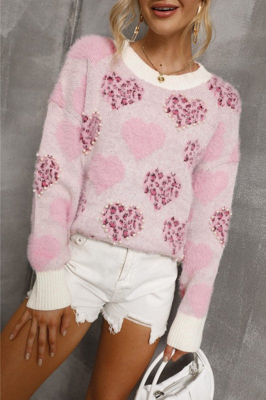 Pink Heart Fuzzy Sweater