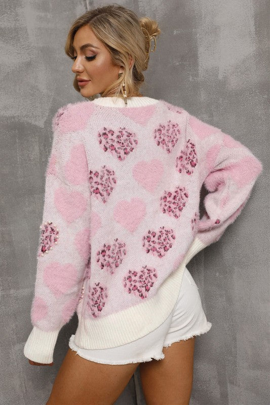 Pink Heart Fuzzy Sweater