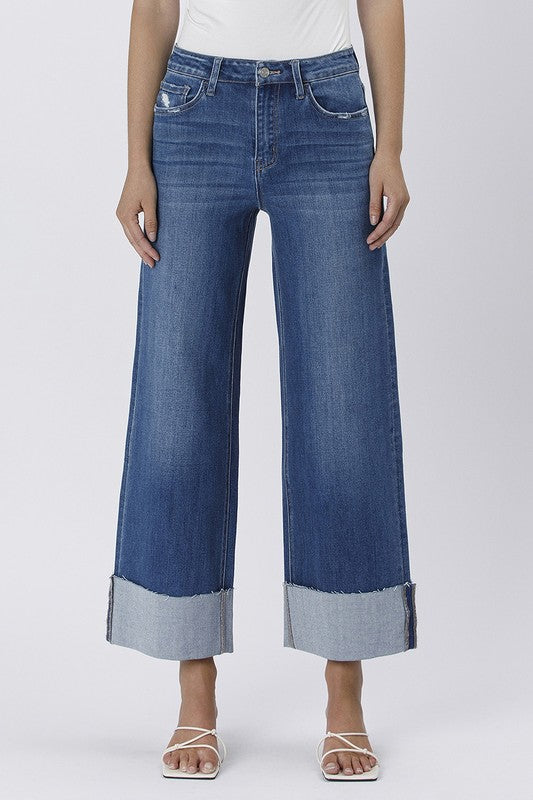 HIGH RISE CUFFED ANKLE WIDE LEG JEANS