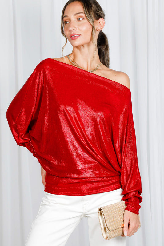 DOLMAN LONG SLEEVE METALLIC FOIL KNIT TOP