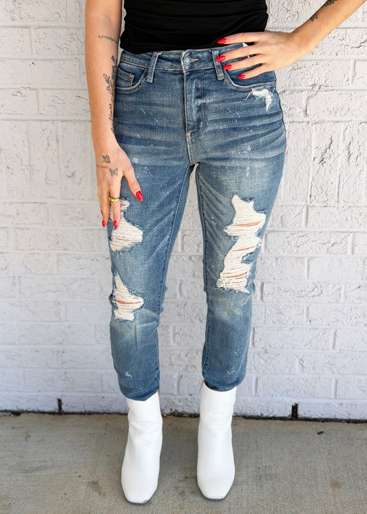 Mid-Rise Skinny Bleach Splatter Destroyed