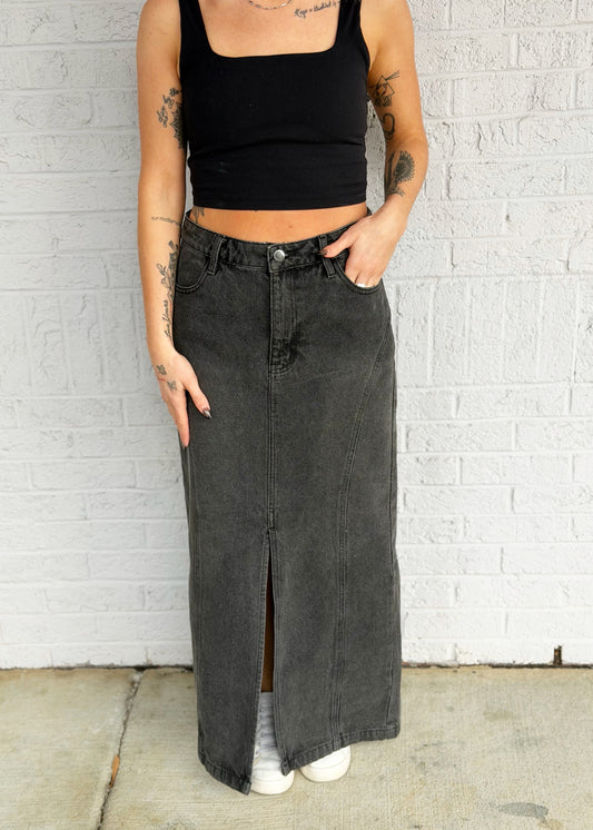 Black Denim Front Slit Maxi Skirt
