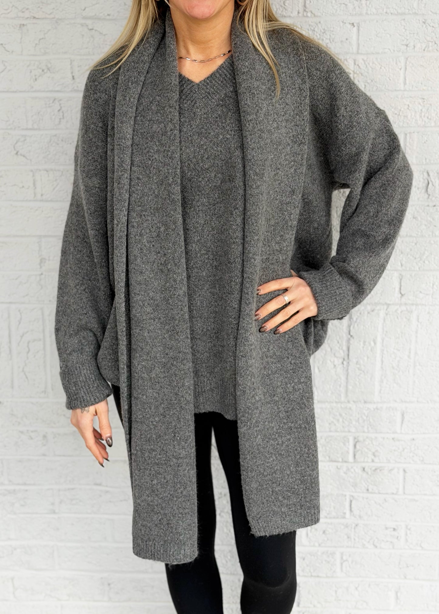 Grey V Neck Sweater with Scarf