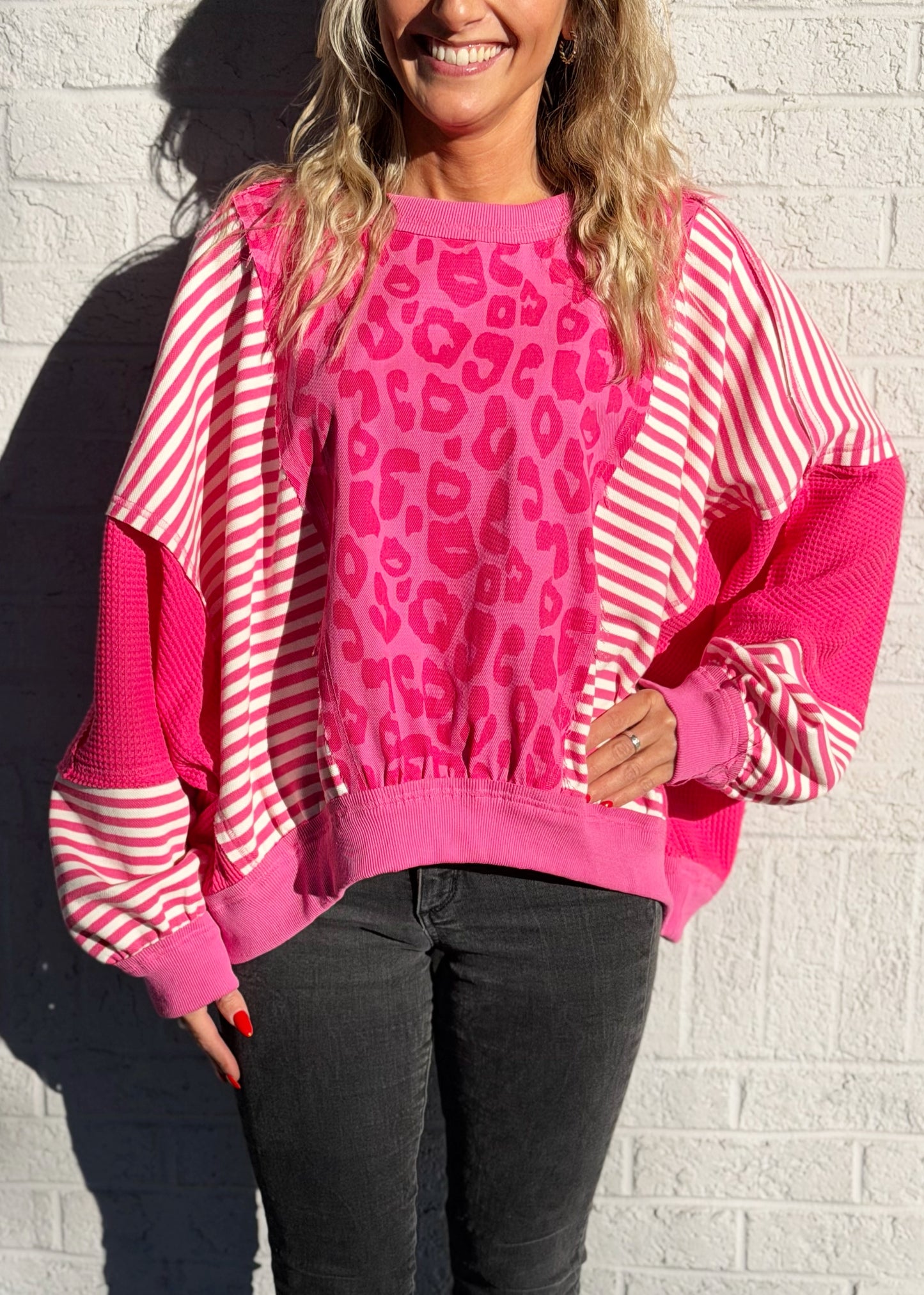 Pink Leopard Contrast Stripped Sweater