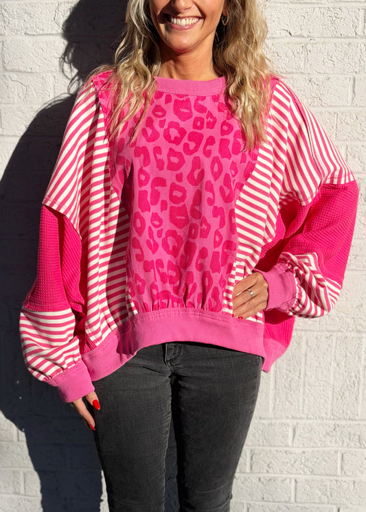 Pink Leopard Contrast Stripped Sweater