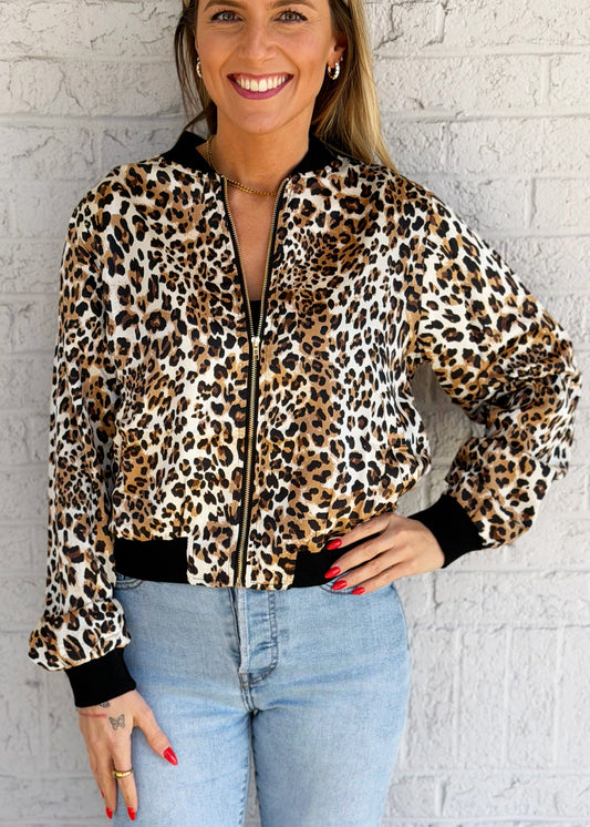 Leopard Satin Bomber Jacket