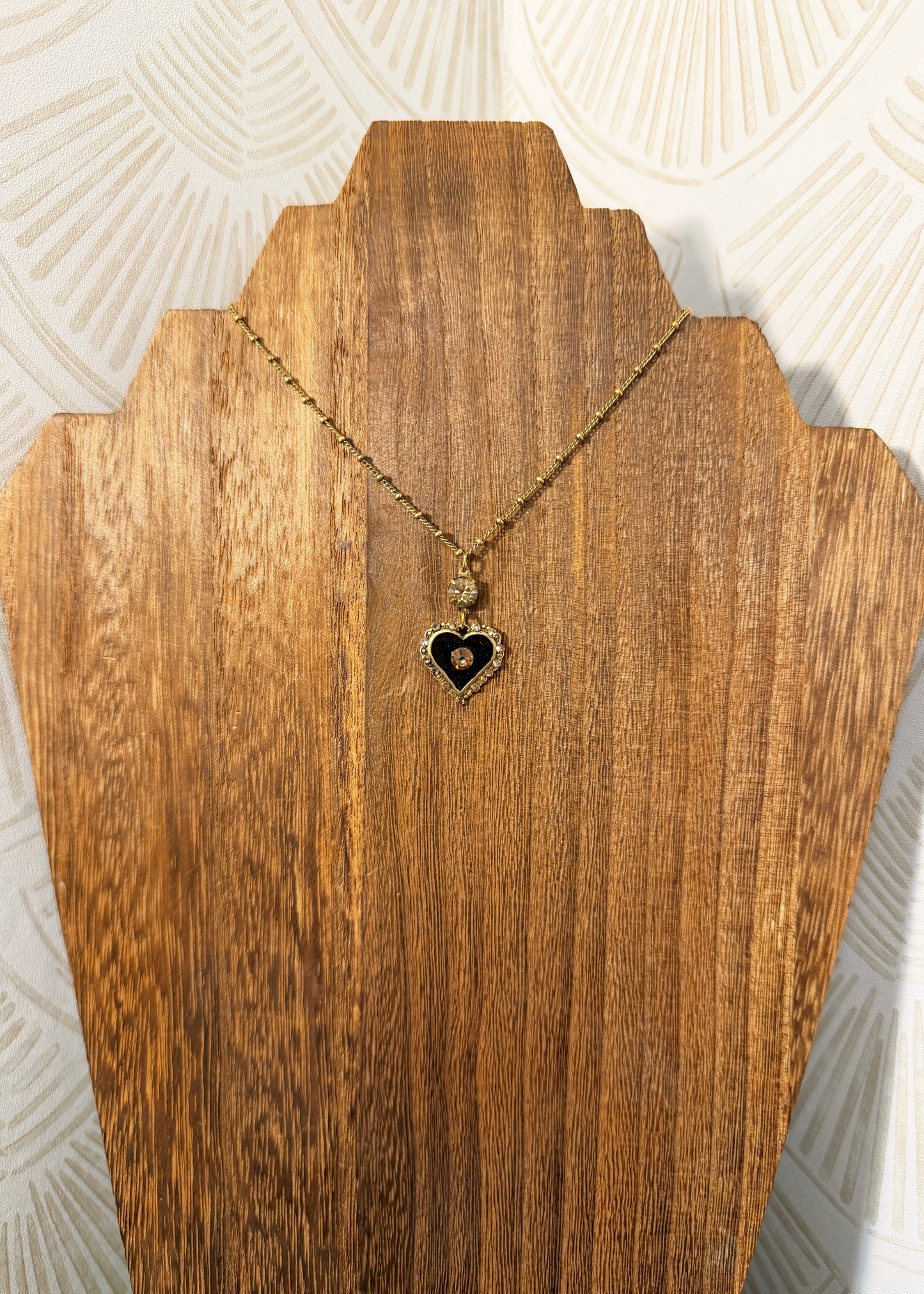 Shimmering Black & Golden Crystal Heart Charm Necklace