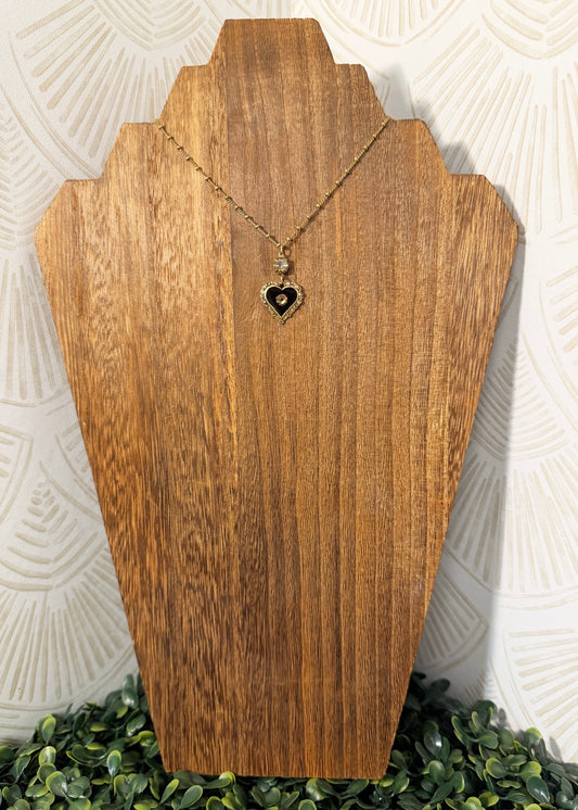 Shimmering Black & Golden Crystal Heart Charm Necklace