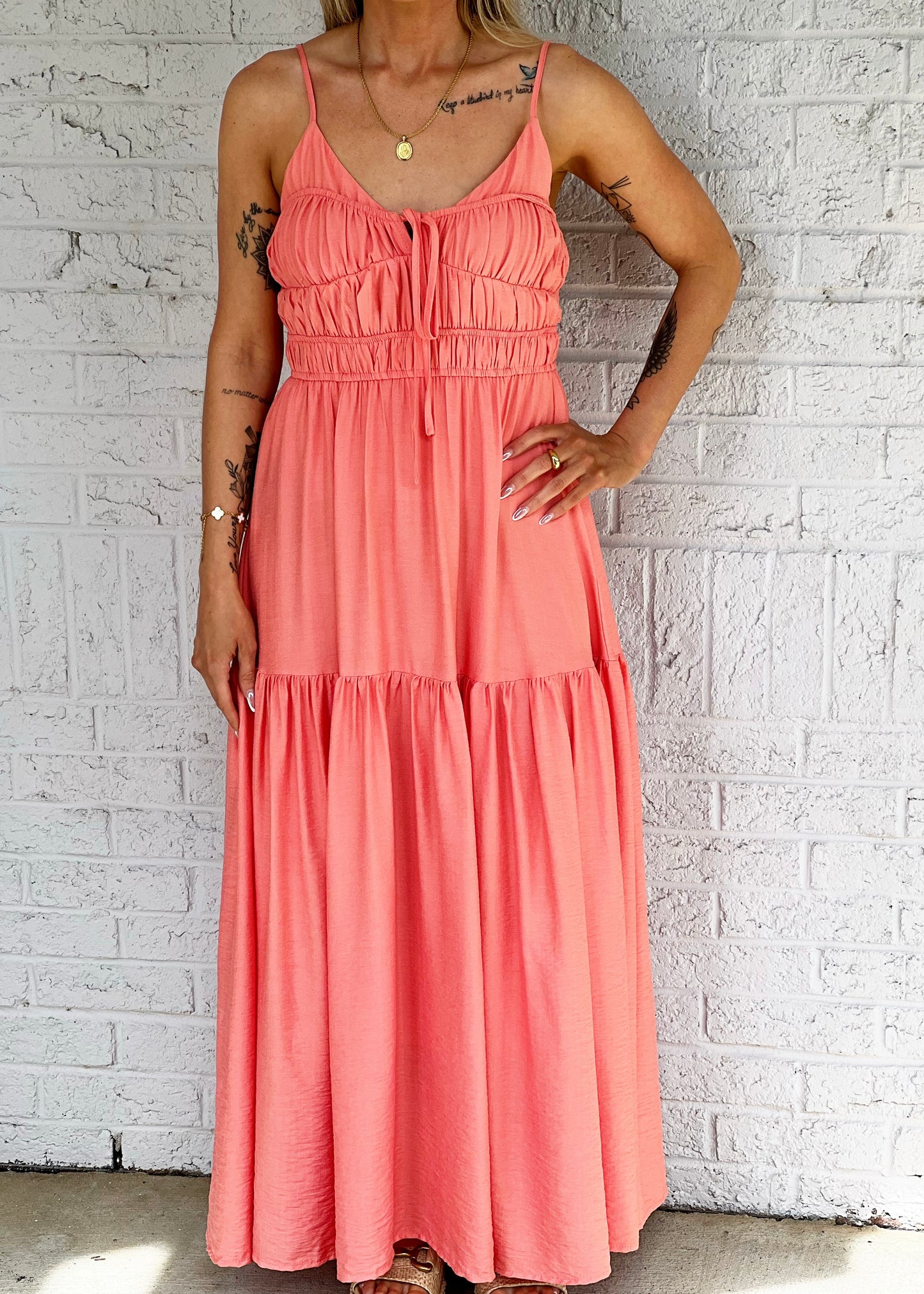 Coral Front Tie Midi Dress