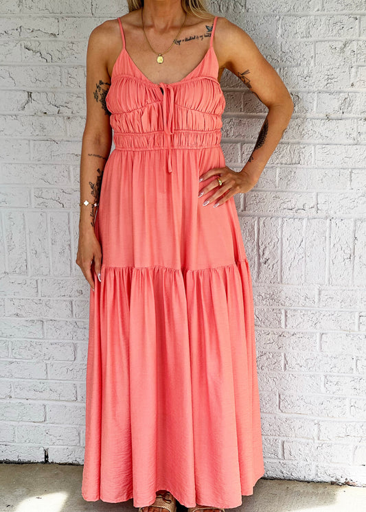 Coral Front Tie Midi Dress
