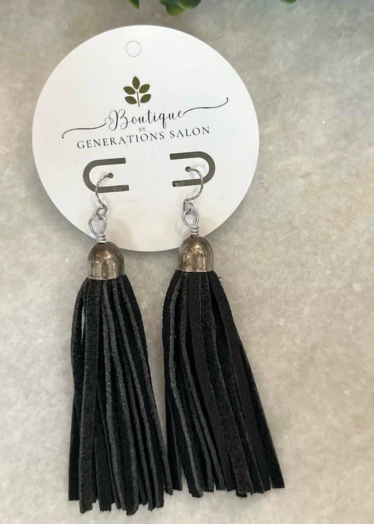 Black Leather Tassel Earrings
