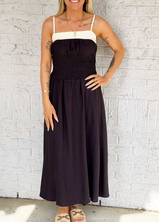 Contrast Smocked Midi Dress