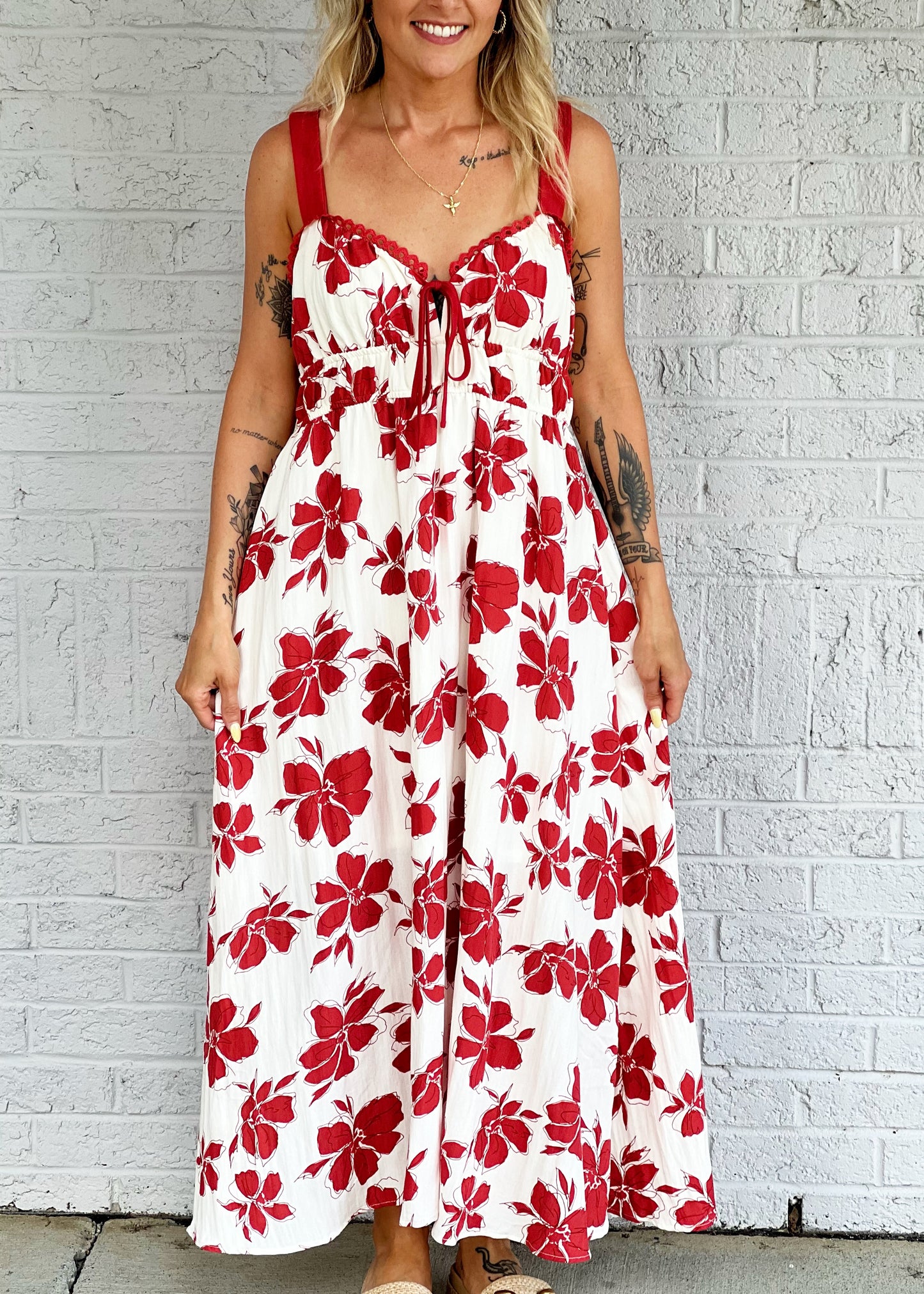 Red Floral Midi Dress