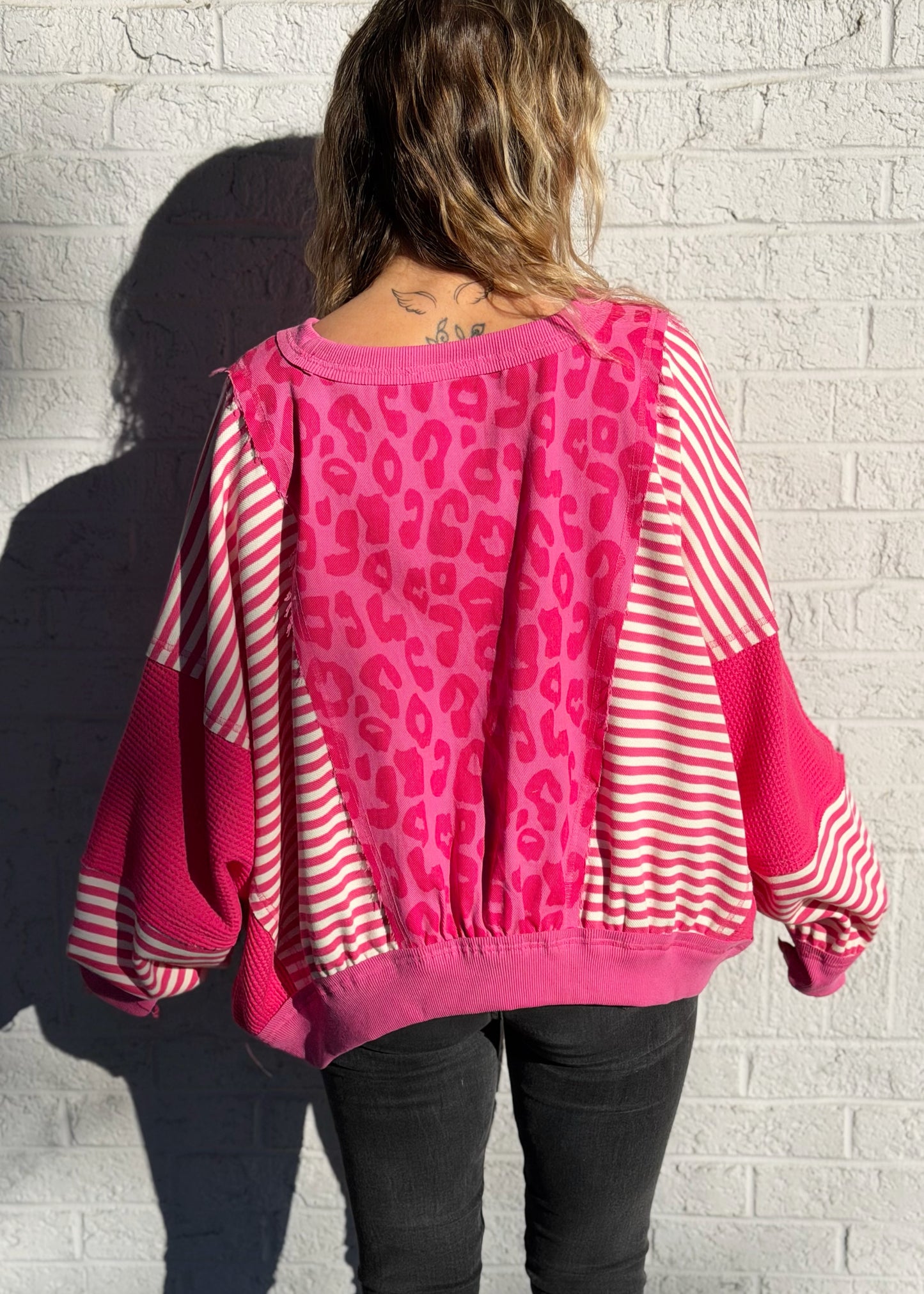 Pink Leopard Contrast Stripped Sweater