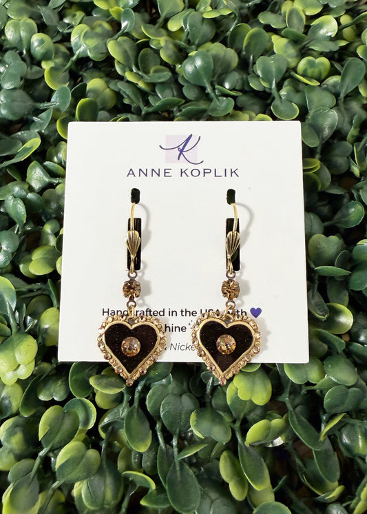 Shimmering Black & Golden Crystal Heart Charm Earring
