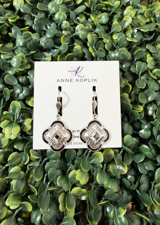 Victorian Black Framed Silver Quatrefoil Crystal Earring