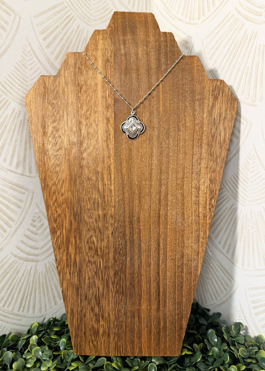 Victorian Black Framed Silver Quatrefoil Crystal Necklace