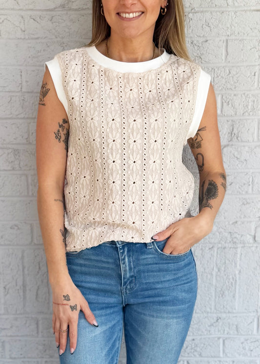 Oatmeal Floral Textured Tank Top