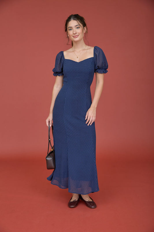 Polka Dot Sweetheart Puff Sleeve Mesh Midi Dress