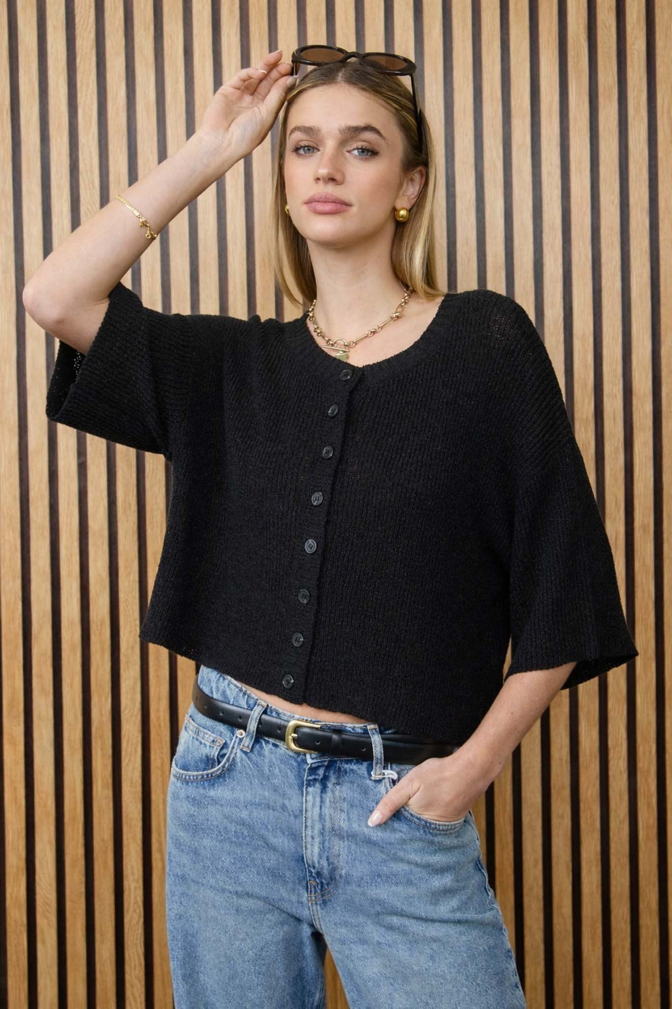 Boxy Short Sleeve Button Down Knit Cardigan
