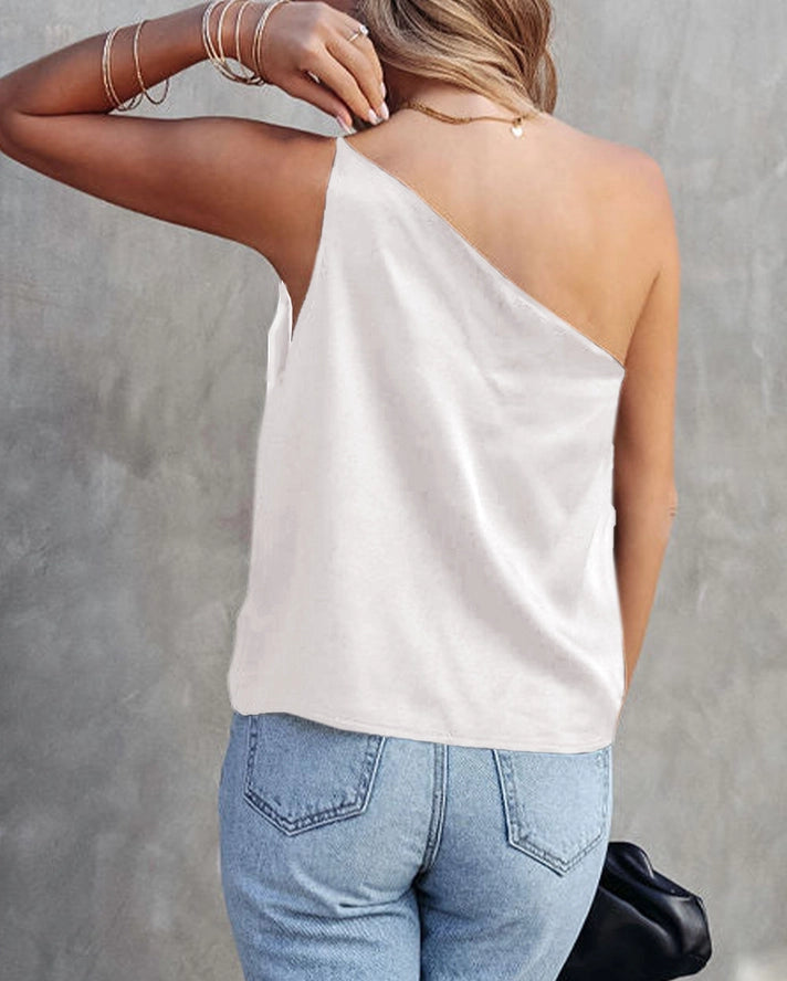 Satin One Shoulder Loose Tank Top- White