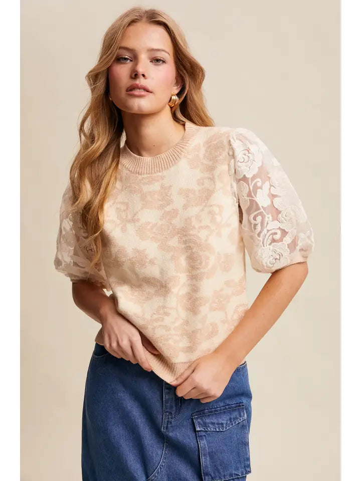 Floral Lace Puff Sleeve Sweater
